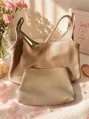 Super soft Everyday Leather Bag with Matching Pouch - Neutral Beige